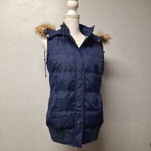 Papermoon Vest Removable Hood Faux Fur Winter Fall Blue‎ Womens Large Zip Snap